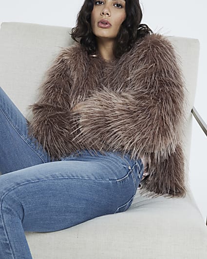 Brown Collarless Fluffy Faux Fur Jacket