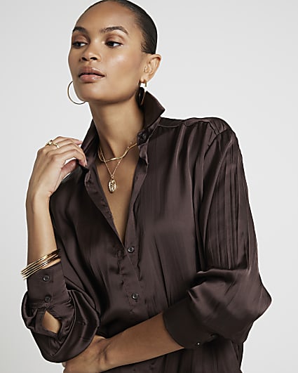 Brown crinkle satin shirt