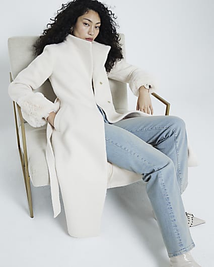 Cream wool blend longline coat