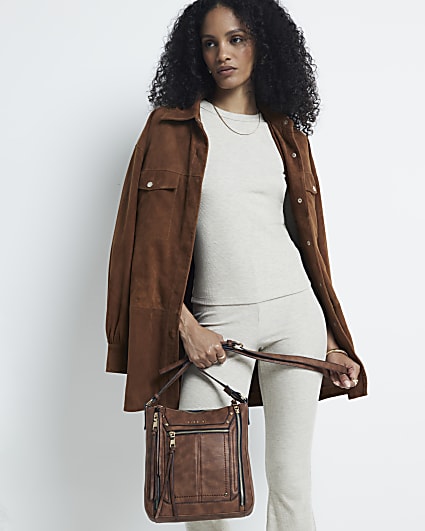 Brown Panelled Zip Cross Body Bag