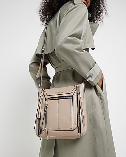 Beige Panelled Zip Cross Body Bag