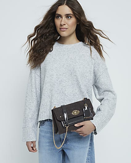 Grey Suedette Lock Pocket Shoulder Bag