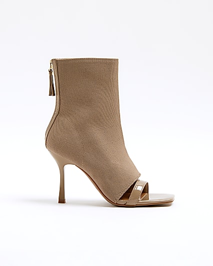 Beige wide fit knit sock boot heeled sandals