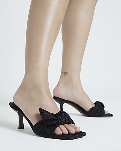 Black ruched bow mule heeled sandals