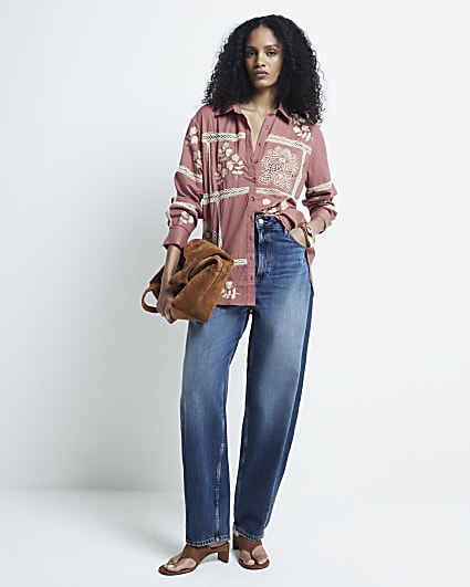 Pink patchwork lace trim shirt