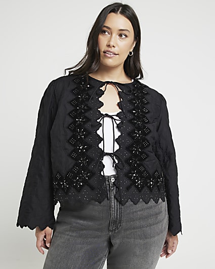 Plus black sequin tie up quilted jacket