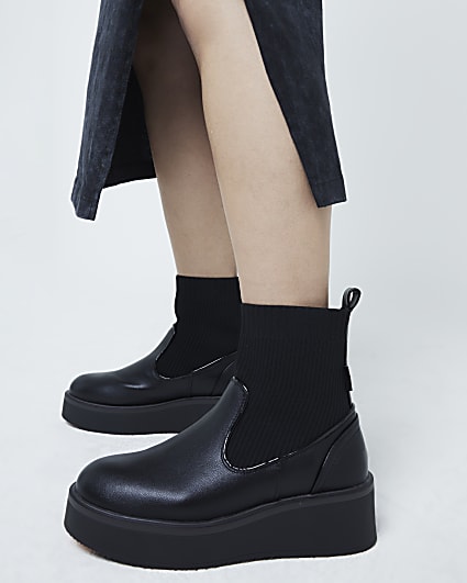 Black Wide fit knitted wedge ankle boots