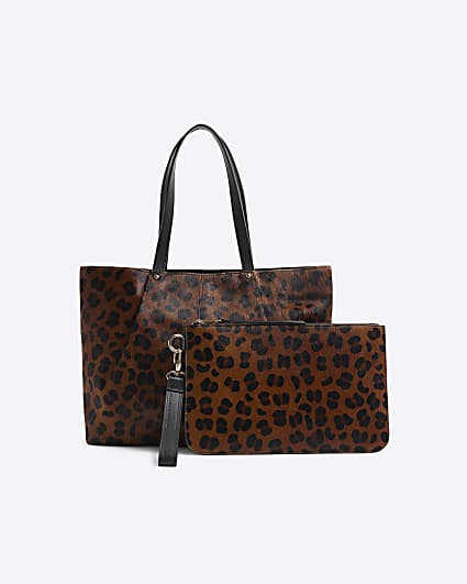 Brown Leather Leopard Shopper Bag Bundle