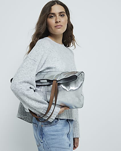 Silver Metallic Leather Shopper Bag Bundle