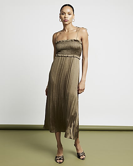 Khaki satin shirred slip midi dress