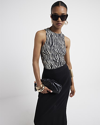 Black mesh zebra print tank top