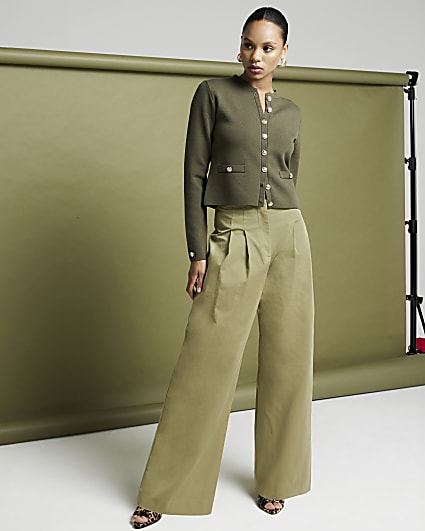 Khaki High Waisted Wide Leg Trousers