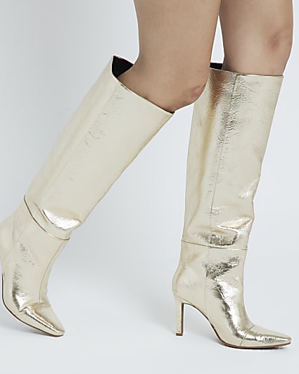 Gold Wide Fit Knee High Heeled Boots