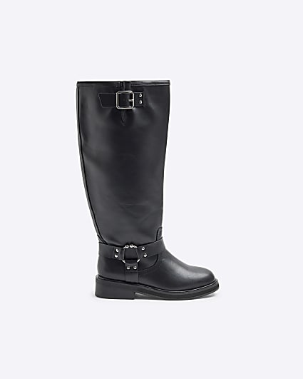 Black Wide fit High Leg Biker Boots