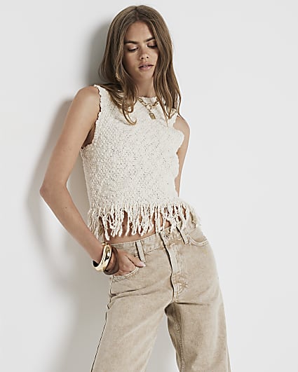 Cream knitted fringe vest top