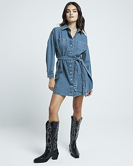 Blue denim belted mini shirt dress