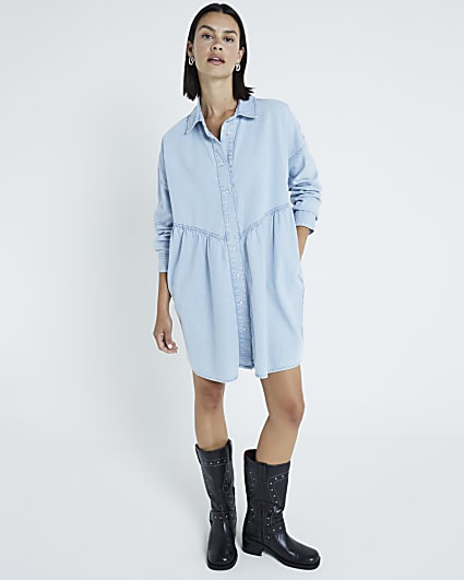 Blue denim seamed shirt dress