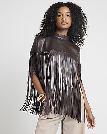 Brown faux leather tassel hem cape