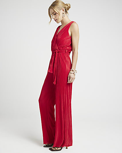 Red Belted Plisse Jumpsuit