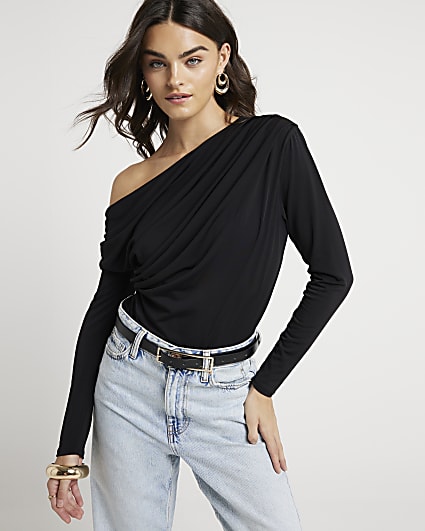 Black Drape Off Shoulder Bodysuit