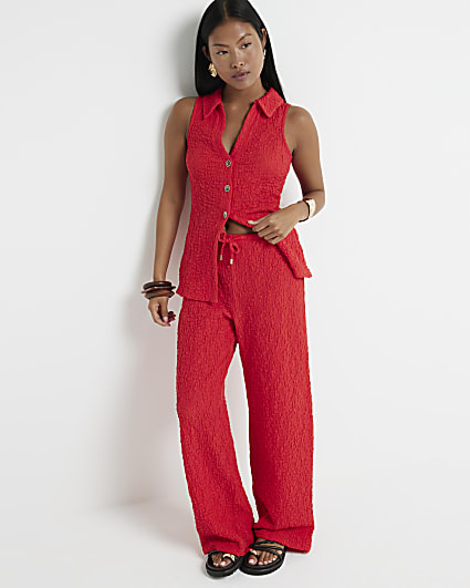 Petite Red Textured Wide Leg Trousers