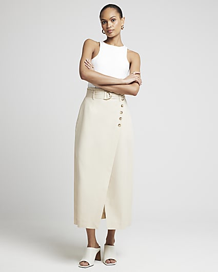 Beige Linen Blend A Line Midi Skirt