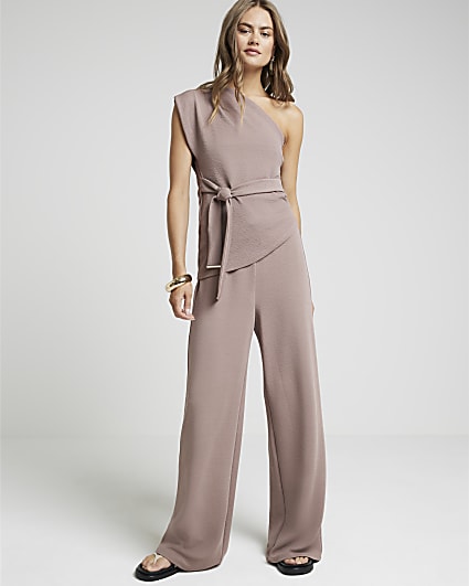 Brown Textured Wide Leg Trousers