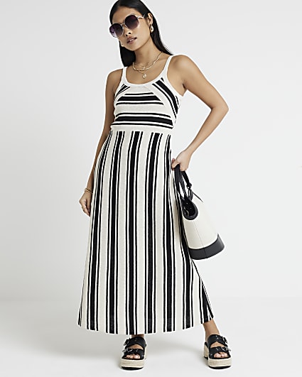 Petite White Crochet Stripe Smock Maxi Dress