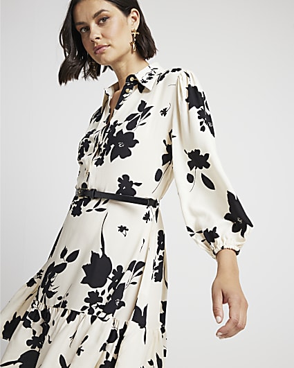 Cream floral belted mini shirt dress