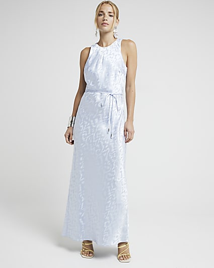 Blue jacquard belted slip maxi dress