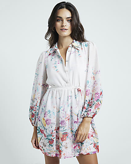 White chiffon floral belted mini shirt dress