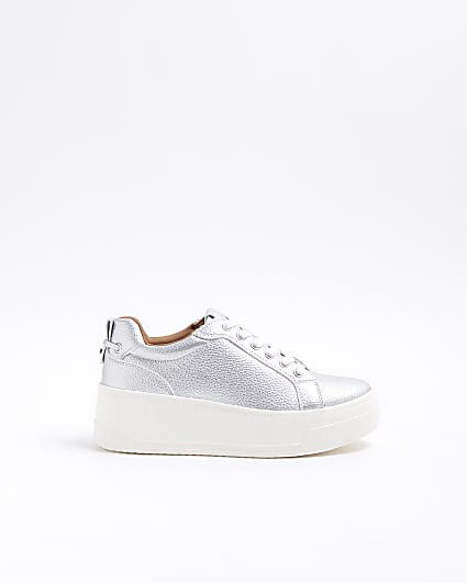 Silver wide fit platform lace up trainers