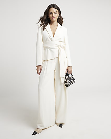 Cream Belted Wrap Blazer