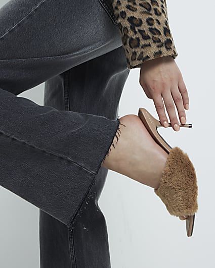 Beige Faux Fur Heeled Mules