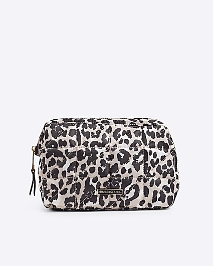 Beige quilted leopard print makeup bag