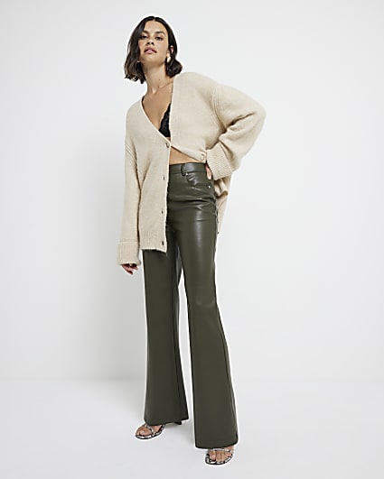 Khaki faux leather straight trousers