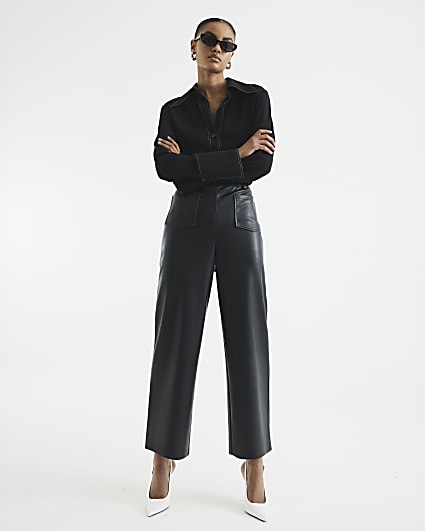 Black faux leather pocket straight trousers