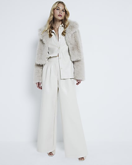 Cream Faux Leather Super Wide Leg Trousers