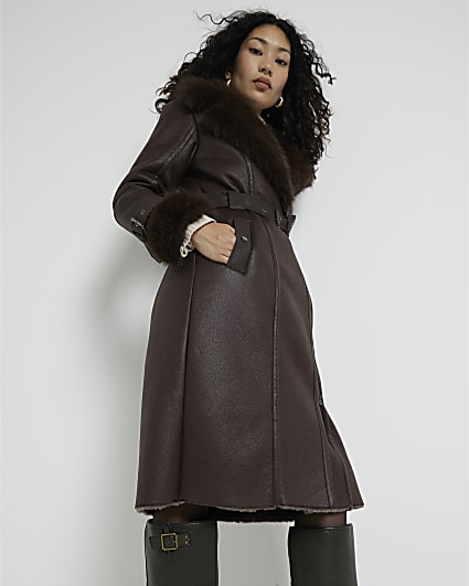 Brown Longline Buckled Biker Coat