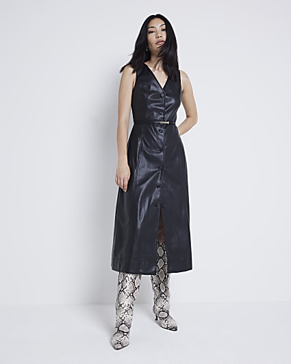 Black faux leather belted shift midi dress