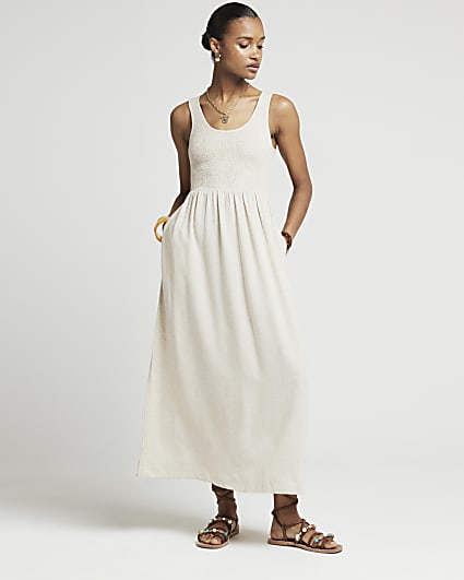 Beige linen blend shirred smock maxi dress