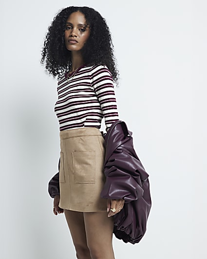 Beige suedette pocket mini skirt