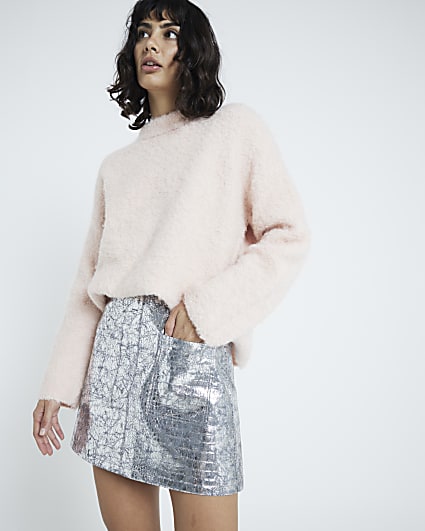 Silver Metallic Patch Pocket Croc Mini Skirt