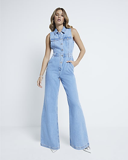 Blue Denim Wide Leg Jumpsuit