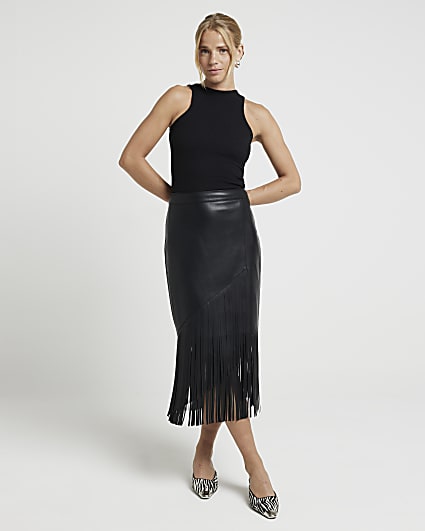 Black faux leather fringe midi skirt