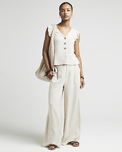 Beige linen blend wide leg trousers