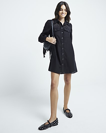 Black studded broderie mini shirt dress