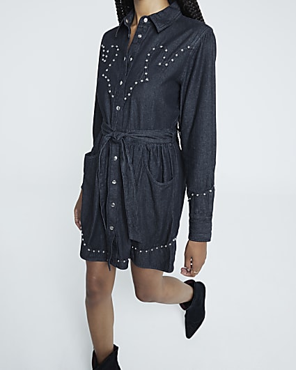 Black Denim Studded Mini Shirt Dress