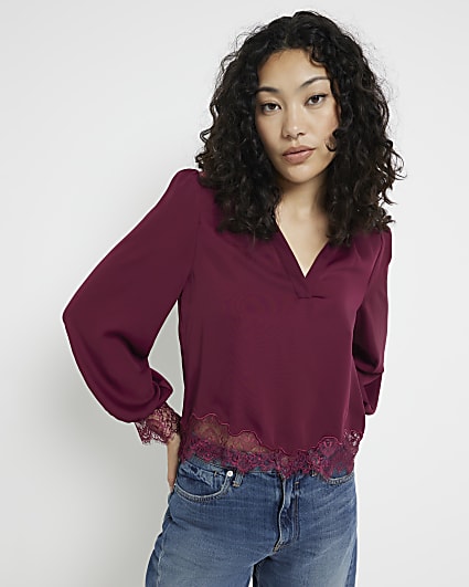 Red long sleeve lace insert blouse