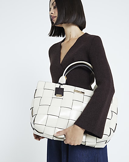 Beige chunky weave tote bag